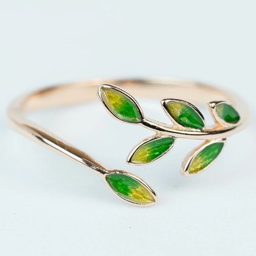 Leaf Ring Adjustable Open Branch Rose Gold Tone Ring Green‎ Adjustable